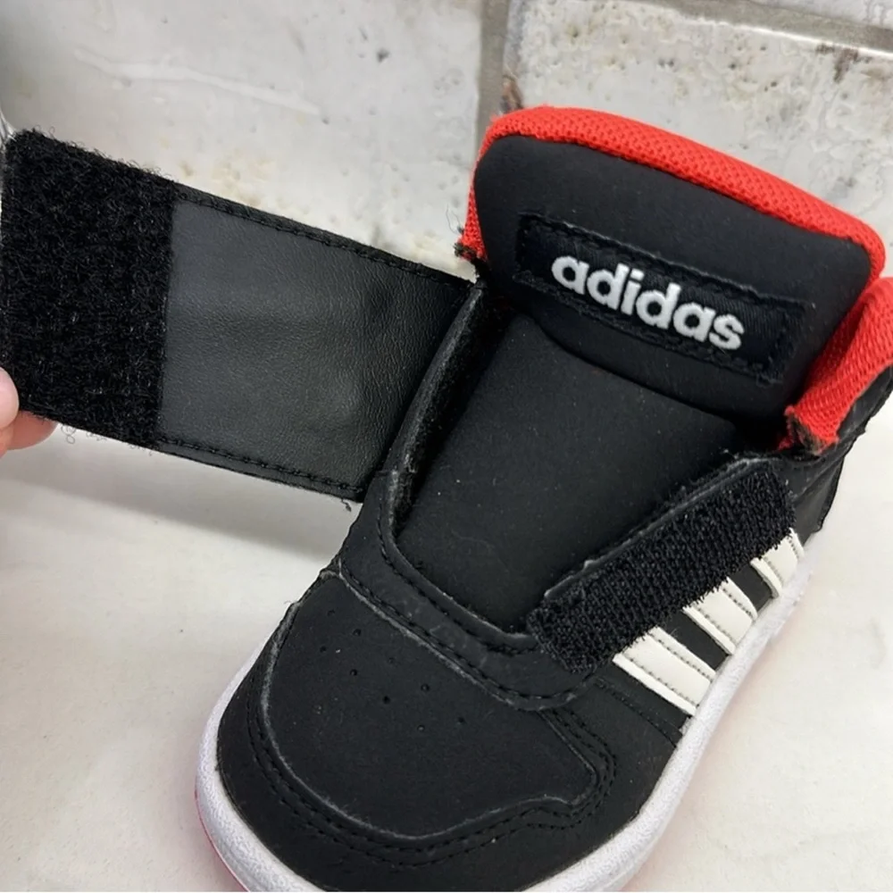 Adidas Hoops Mid 2.0 Toddler Shoes Size 3K Black White Red Velcro Sneakers